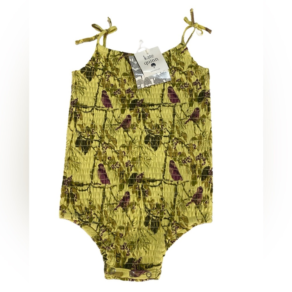 Kate Quinn Chickadee‎ Smocked tie strap bodysuit sunsuit NWT 2T Organic Cotton